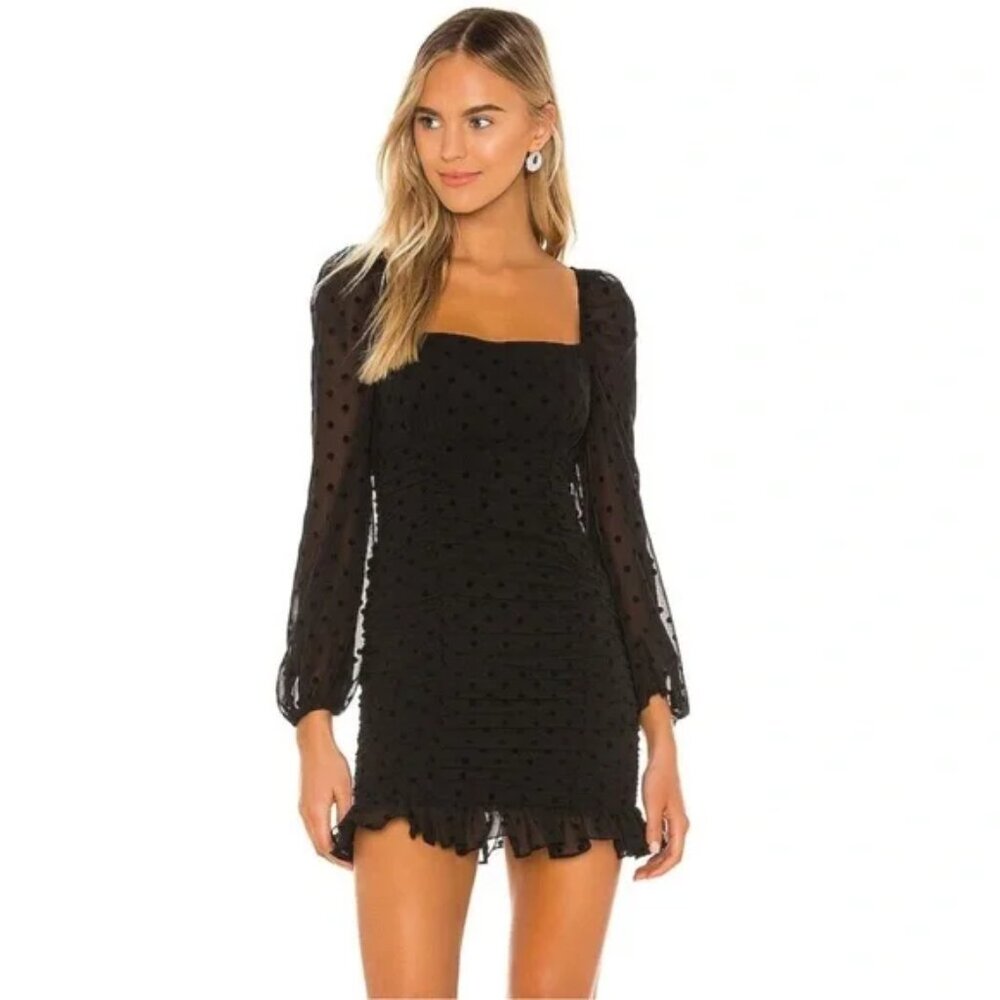 Lovers and Friends Size XS Arielle Mini Dress in Black Dot with Sheer Sleeves